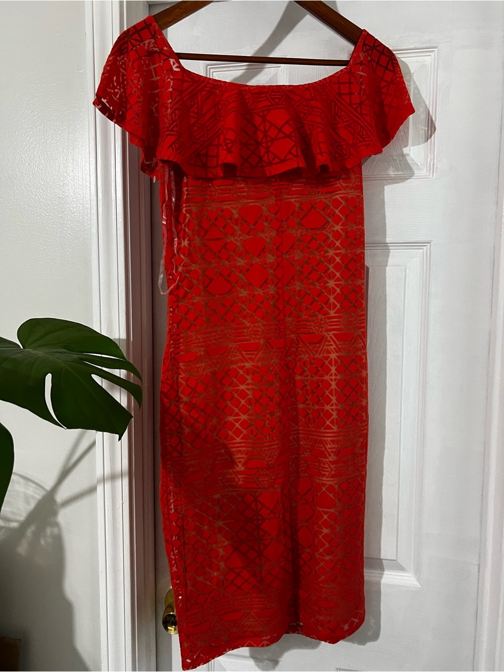 Off-Shoulder Red Midi Dress with Geometric Lace Overlay